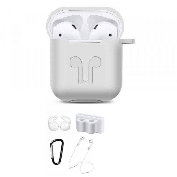 Wholesale 5 in 1 Accessories Kits Silicone Cover with Ear Hook Grips / Staps / Clip / Skin / Tips for Airpods 2 / 1 Charging Case (White)